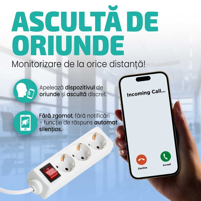Microfon Spion Integrat in Prelungitor Clasic 220V cu Activare Vocala SMT SECURITY