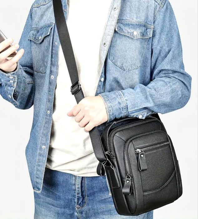 Мъжка обемна кожена чанта/Елегантна от черна естест. кожа -10%Промоция