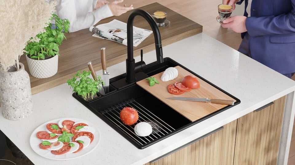 Черна кухненска мивка от гранит Ню Йорк 60 Multispace 580 x 530 мм