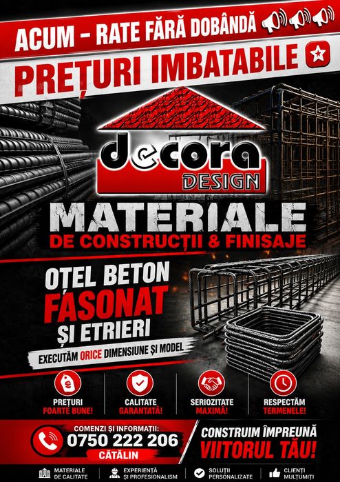 Materiale de construcții și finisaje CEL MAI BUN PRET GARANTAT!!!
Producem otel beton fasonat și etrieri, orice dimensiune