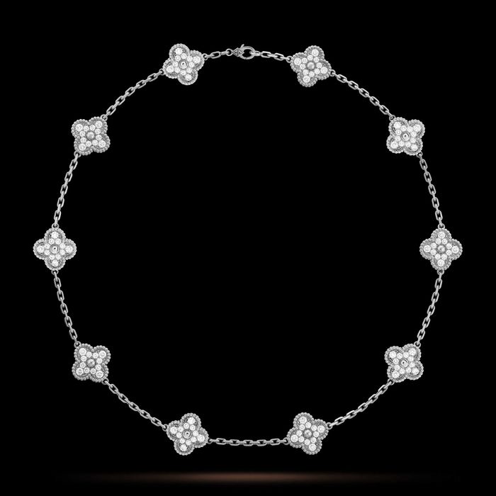 Van Cleef & Arpels VCA Silver Diamond Alhambra 10 Motifs Дамско Колие