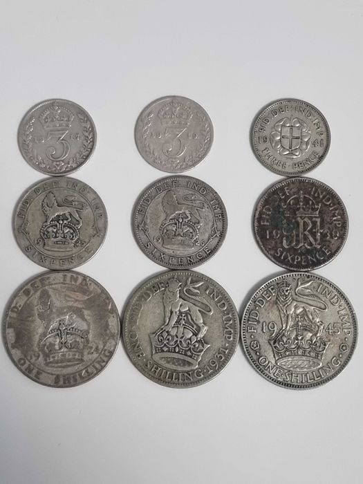 9 monede Anglia Marea Britanie 3, 6 pence 1 shilling 1917-1945  argint