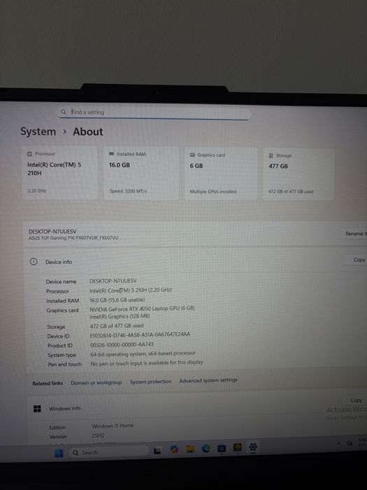 Laptop Gaming ASUS TUF F16 RTX 4050 16GB RAM SSD 512GB