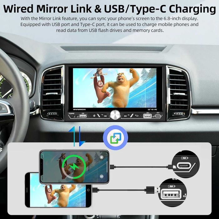 Двудиново автомобилно радио с безжичен Carplay/Android Auto, 6.8-инча