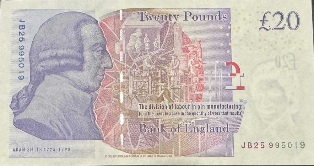 20 Британски лири GBP с портрет на кралица Елизабет II и Адам Смит