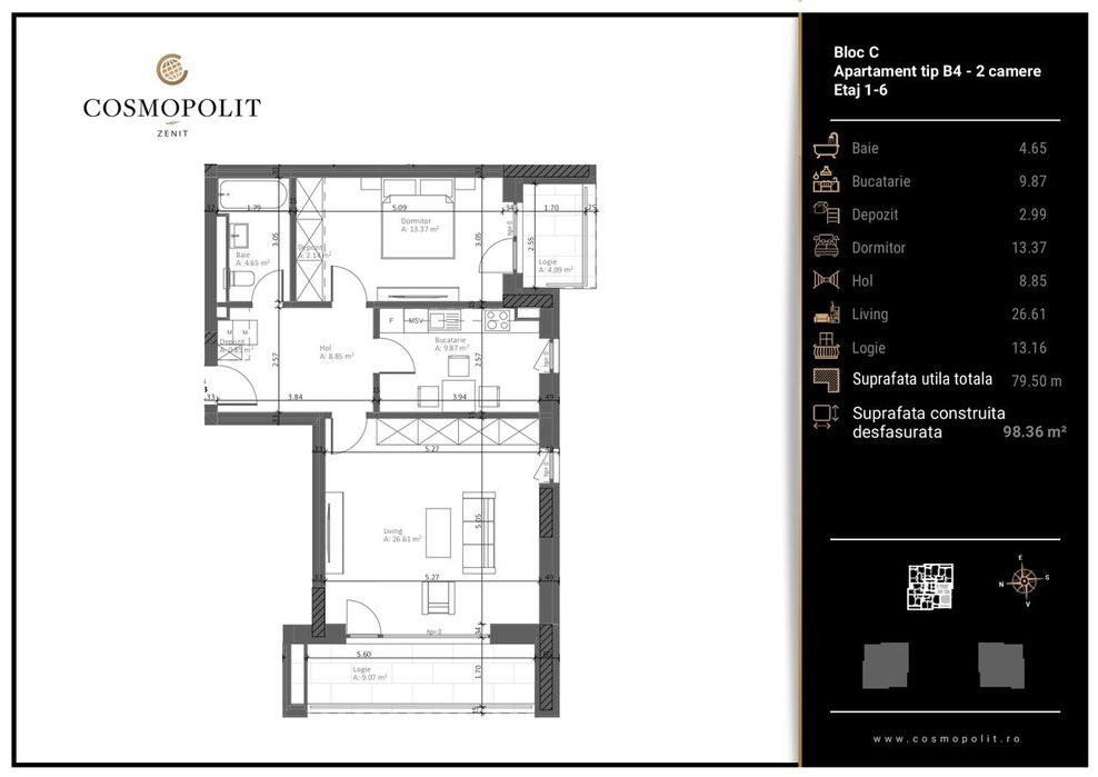 Apartament 2 camere Cosmopolit Zenit | Bloc C - etaj 2