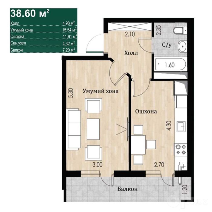 Дуплекс 38,6 м² + подвал 37,58 м²