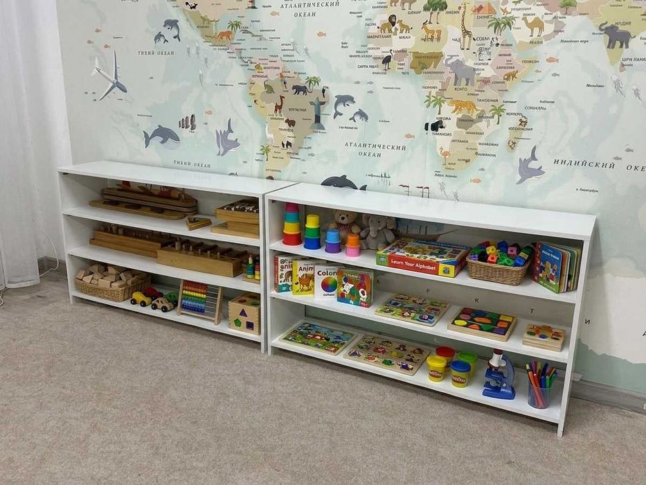 Стеллаж детский открытый белый полка Монтессори для игрушек и пособий