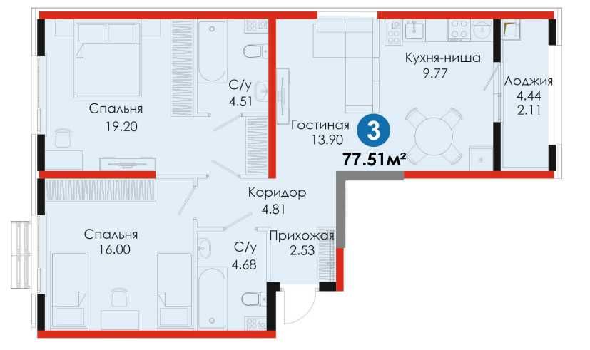 3-ком NRG 77м² | Бизнес класс | Евро | -12% + рассрочка • kw89