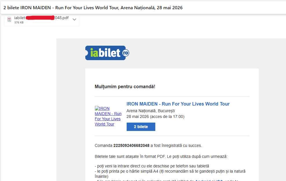 2 Bilete Concert Iron Maiden | 28 Mai 2026 | Arena Nationala Bucuresti