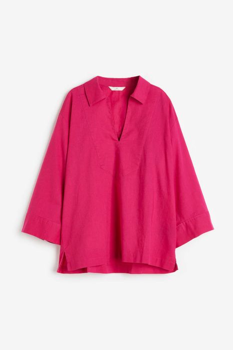 H&M риза с лен цвят фуксия