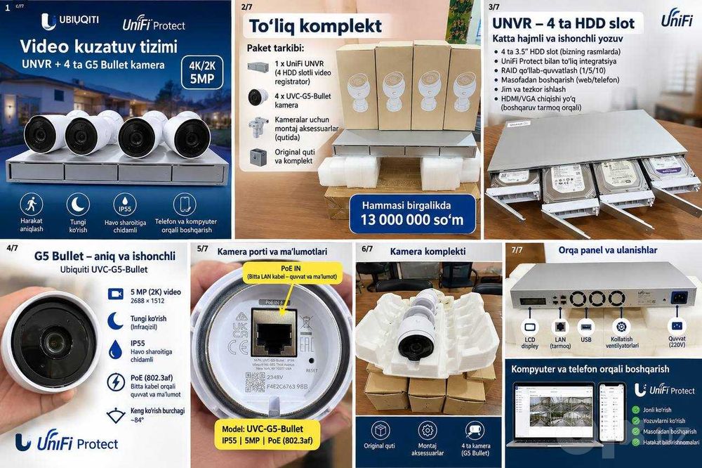 Ubiquiti UniFi UNVR + 4x G5 Bullet 2K kamera + 1TB HDD komplekt