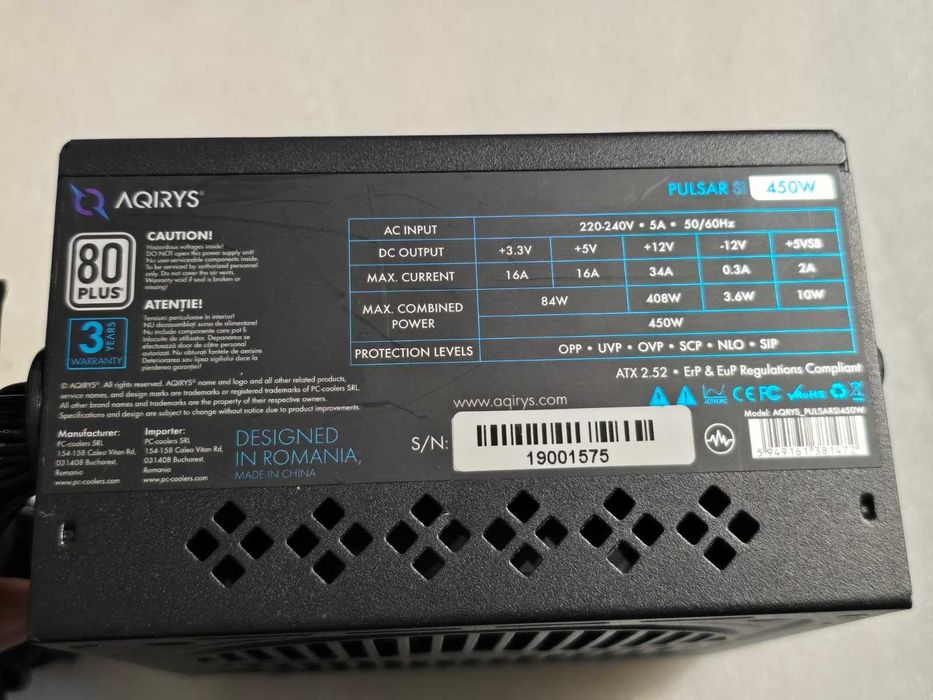 Sursa PC Aqirys Pulsar SI 450W 80+ White 2 x 6+2 PCI-E 120mm, PFC