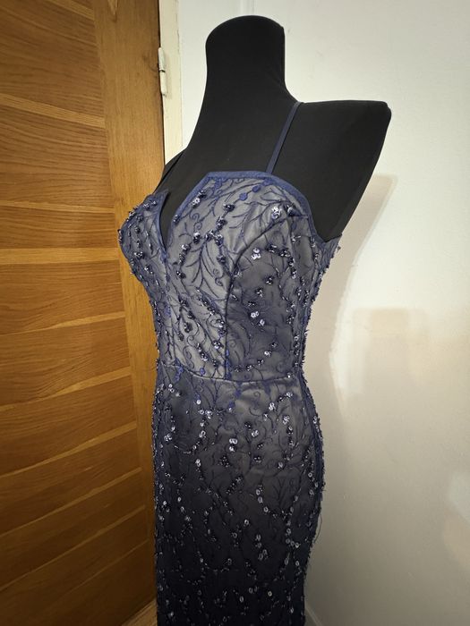 Rochie ocazie, albastru inchis cu gri, cu pietre