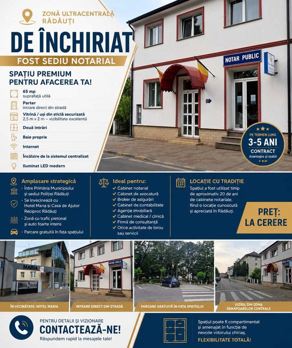 Spațiu ultracentral în Rădăuți -Fost sediu notarial-65mp,600 EURO -Termen Lung