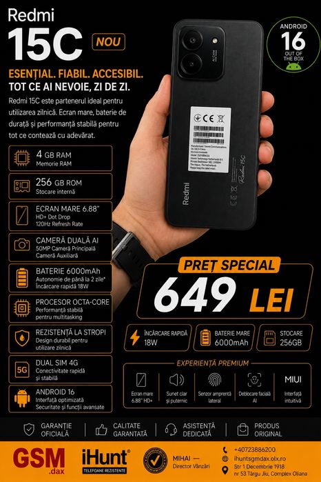 Redmi 15C, 4/256 GB, Nou, Garanție