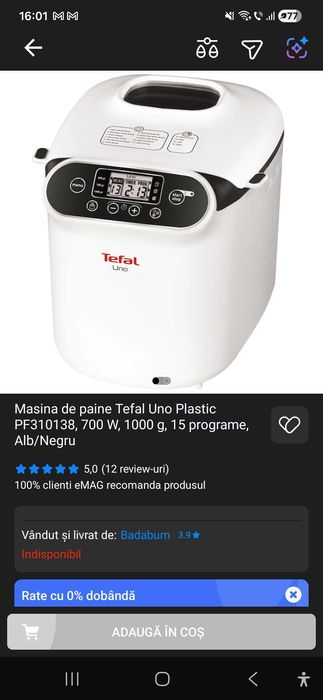 Masina de paine Tefal Uno Plastic PF310138, 700 W, 1000 g, 15 programe