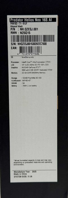 ACER PREDATOR 16S Ultra 9-275HX/32GB DDR5/1TB SSD/16 wqxga OLED 240hz