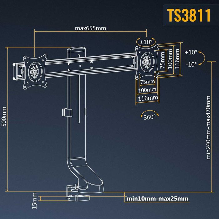RICOO TS3811 Регулируема накланяща се стойка за маса с 2 екрана 17-27