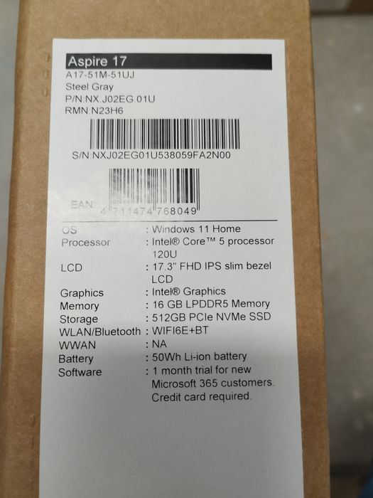 Laptop Sigilat, Acer Aspire 17, Intel Core 5 120U, 16GB+512GB, Win 11