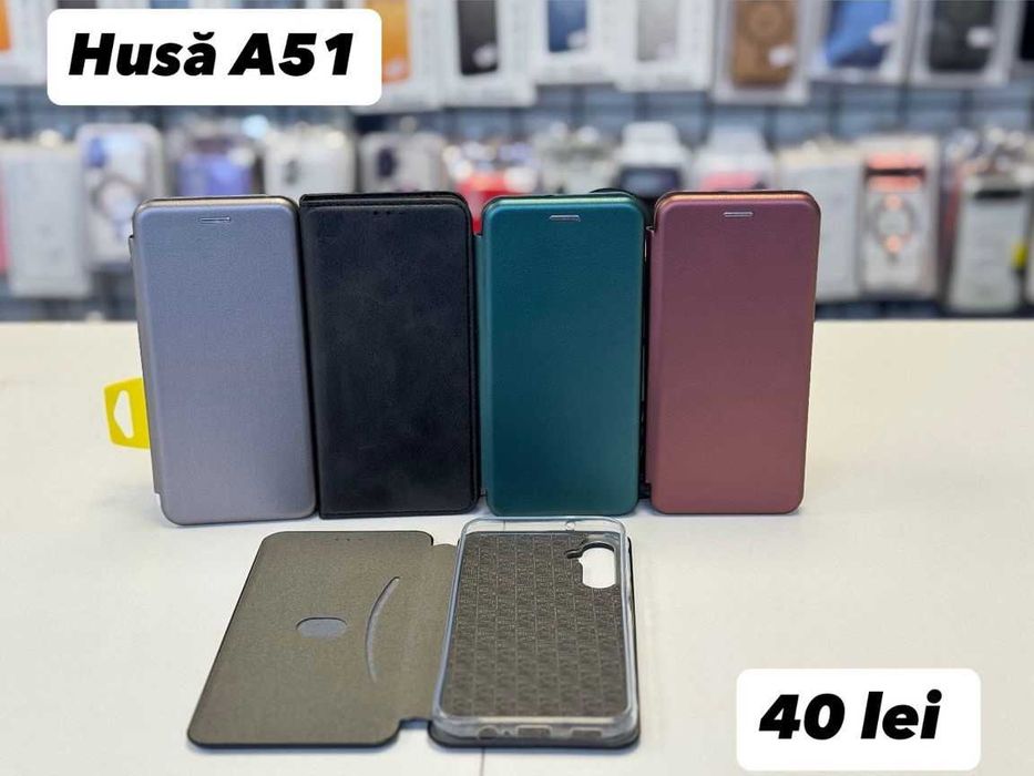 Husa piele ecologica tip carte, folie, cablu, incarcator Samsung A51