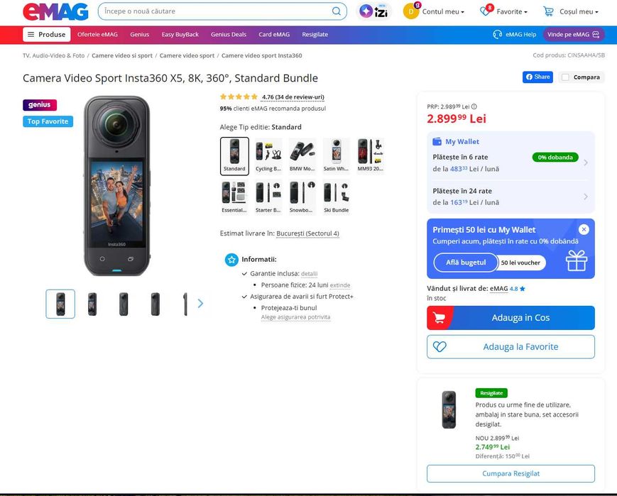Insta360 X5 8K Standard Bundle – Ca noua, Factura eMAG + Garantie martie 2028