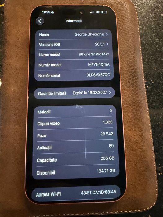 Vand Iphone 17 Pro max 256 Gb 100% baterie Garantie