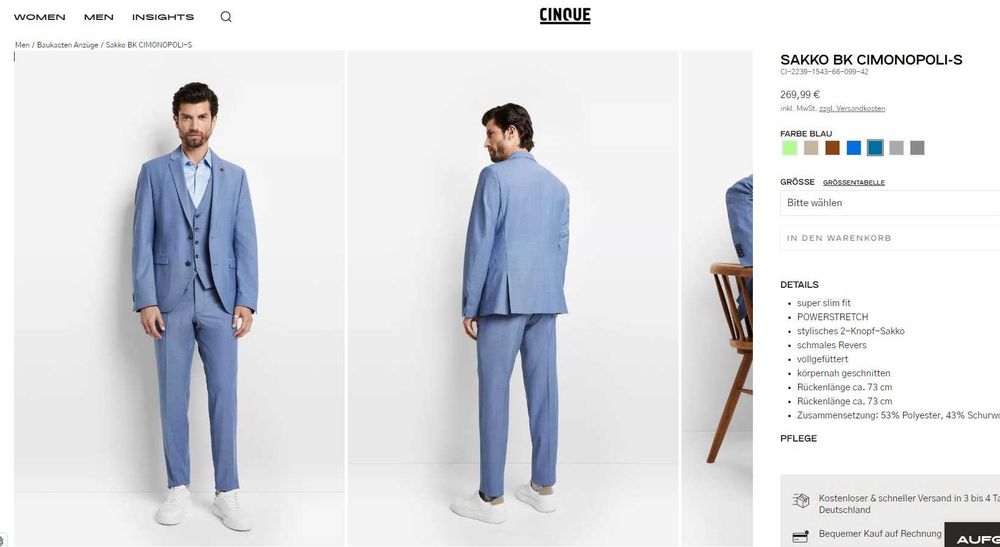 Sacou blazer slim 46 S premium Cinque NOU lana respirabila bleu ciel