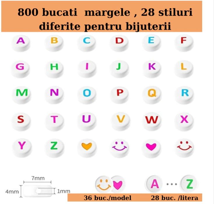 Margele albe rotunde cu litere colorate 800 buc, 10 ron/set