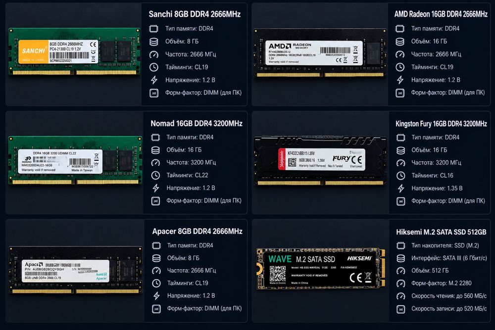 Оперативная память DDR4 и SSD — 8/16 ГБ, 256/512 ГБ