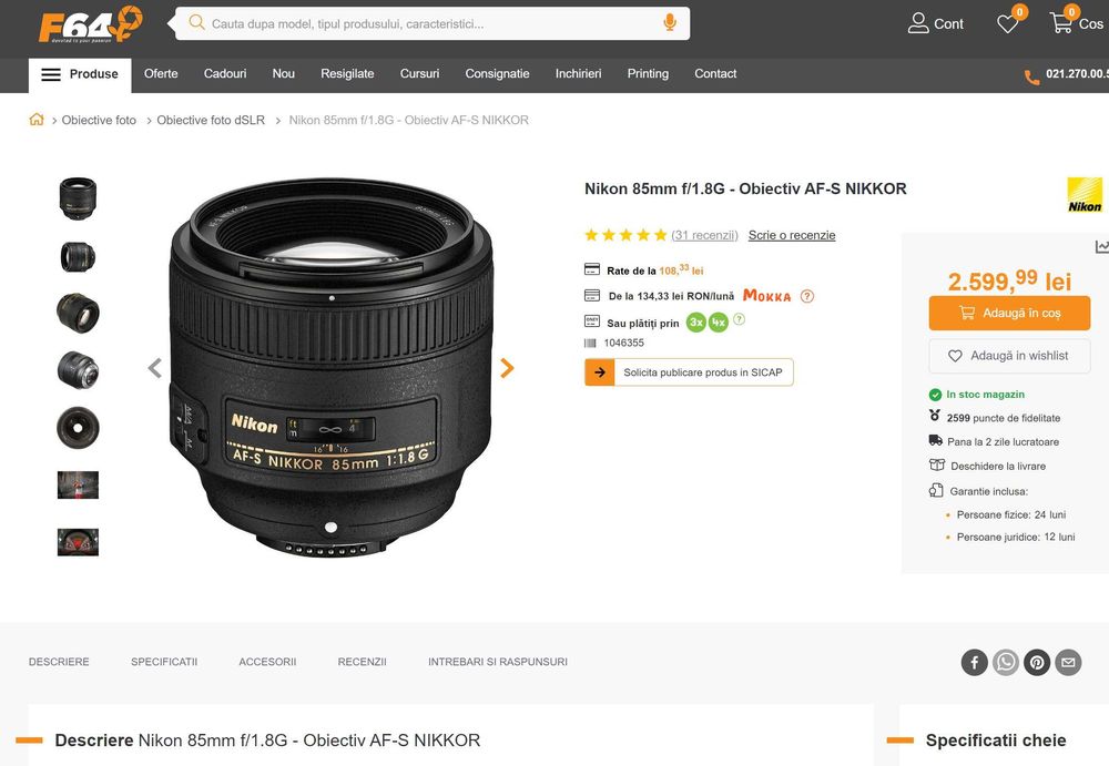 Vand sau schimb un obiectiv NIKON 85 mm f1.8 stare perfecta