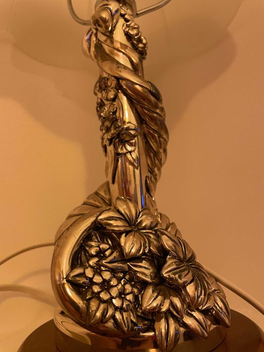 Veioza/lampa alpaca-like lemn vintage abajur sticla E14 35cm anii 1990