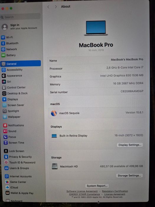 MacBook Pro 16" Intel i7 6-core 2,6GHz 500GB SSD 16GB RAM AMD Radeon