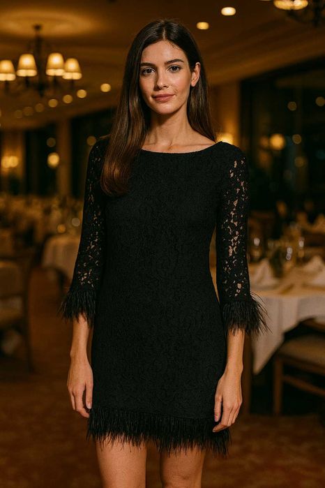 Calvin Klein черна дантелена рокля с пера – размер EU 36