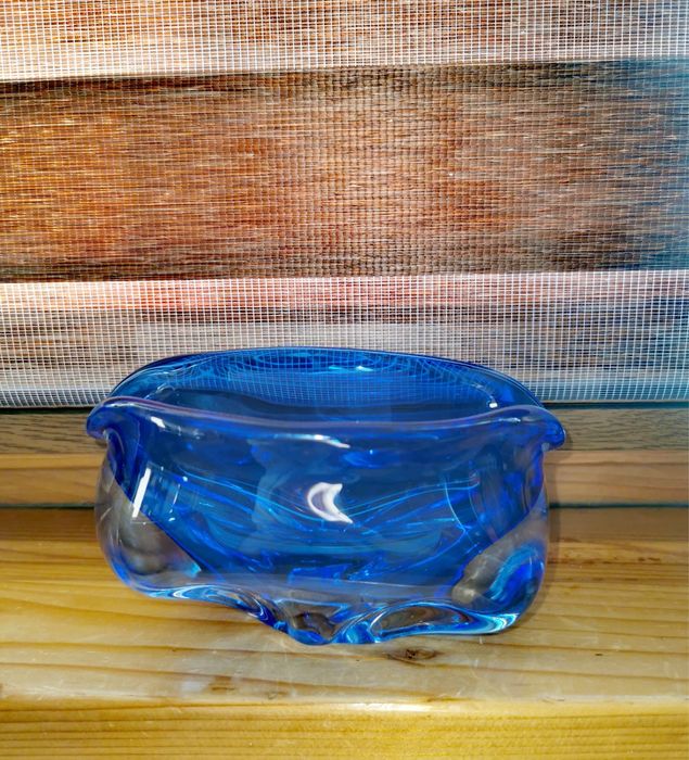 Антикварна Мурано кристална купа пепелник кобалтово синя ръчно правена
