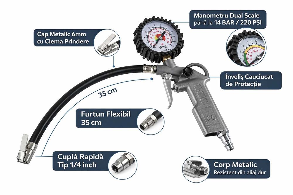 Pistol aer cu manometru pentru compresor roti auto