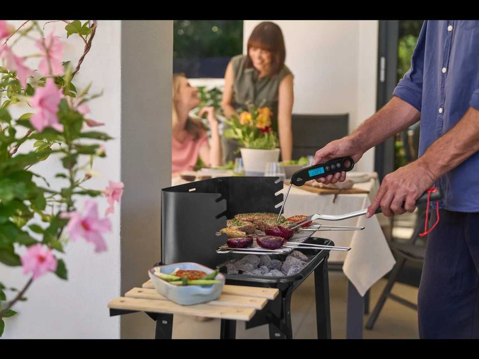 Grătar mobil pe cărbuni GRILLMEISTER cu roți, masă laterală și paravânt, suprafață 48,5×28,5 cm, Factura si Garantie