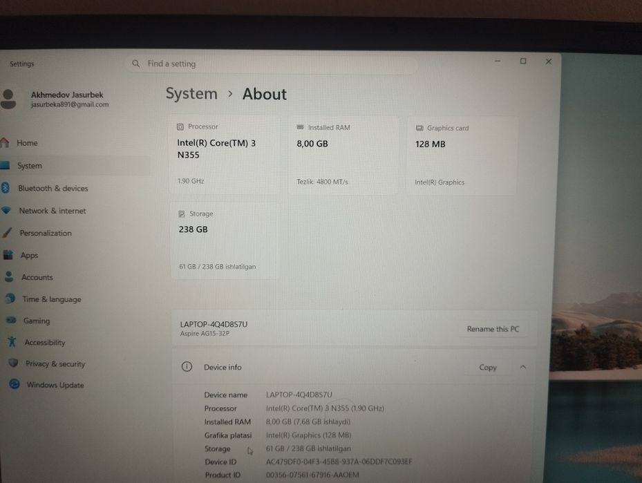 Acer Intel core 3.Holati yangi.