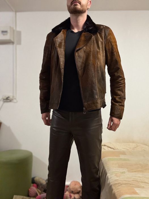 Мъжко яке от естествена кожа с косъм от пони и яка от норка