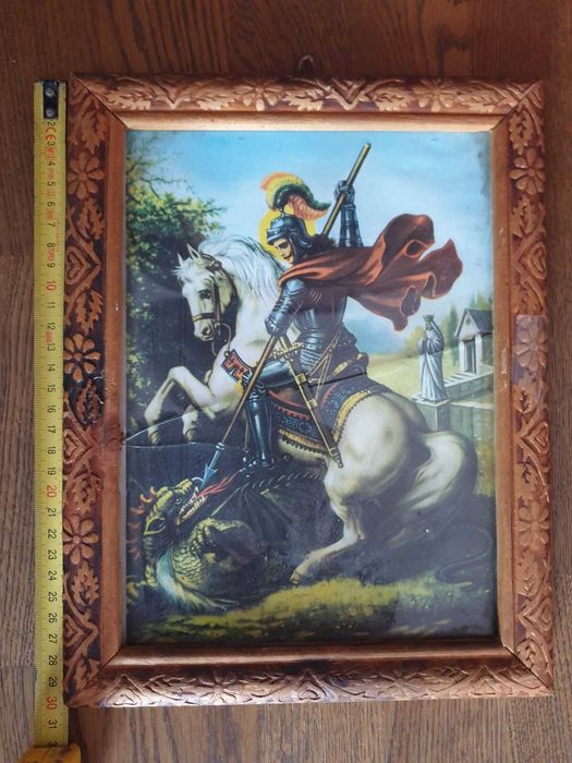 Vând icoană religioasă sfințită reprezentând Răstignirea Domnului, cu Iisus Hristos pe Cruce, Maica Domnului și Sfântul Ioan.