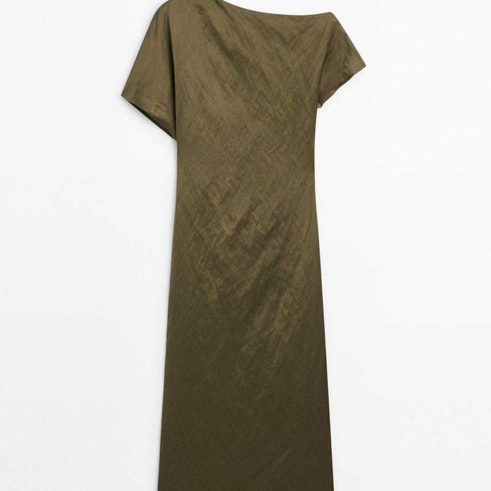 Massimo Dutti rochie midi asimetrica umar gol kaki verde superba