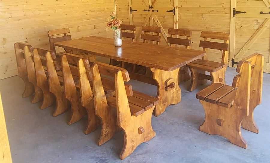 Masa cu scaune si banci din lemn pentru gradina, terasa, foisor