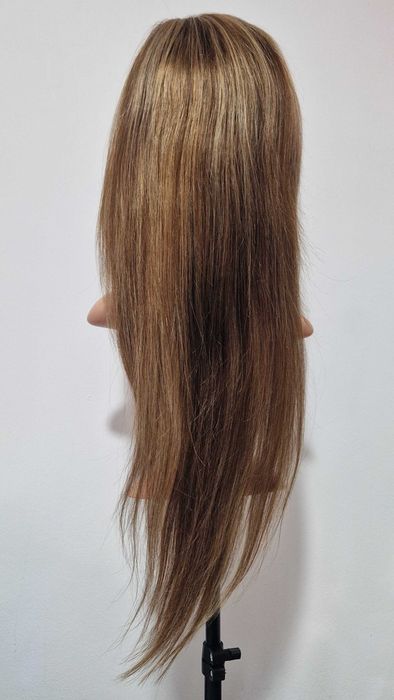 Естествена перука 70–75 см – Lace Front 13x6, кафява с руси кичури