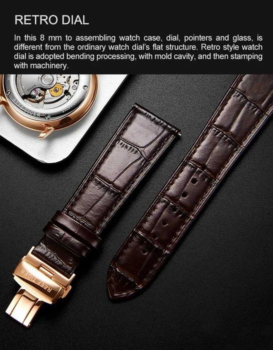Reef Tiger Automatic Dress Watch Ultrathin Mechanical Convex Lens 42mm