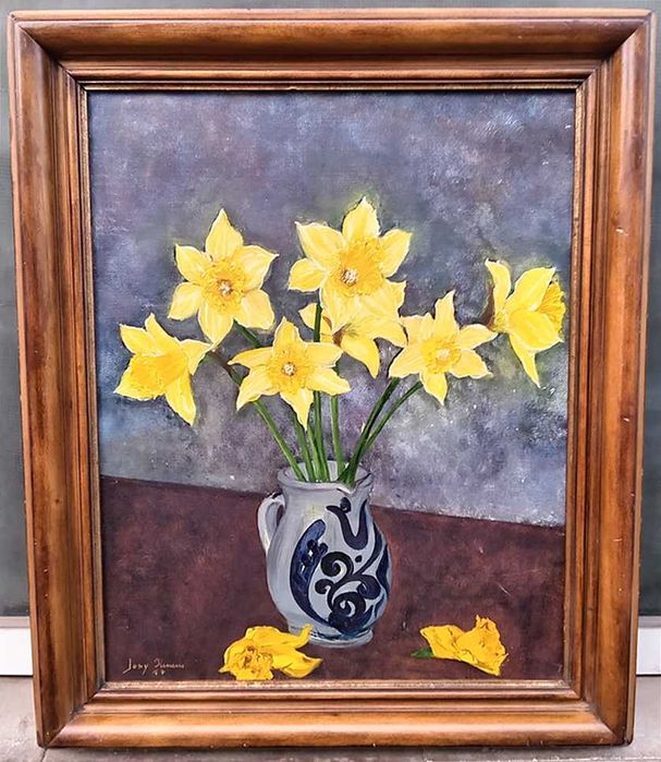 Tablou vechi - narcise in cana - semnat si datat Josy Kenens `67