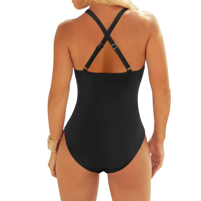 Цял бански костюм за контрол на корема, изрязан, цвят - черен, размер: S