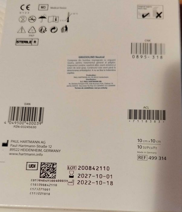 Grassolind neutral 10*10 cm Hartmann comprese sterile