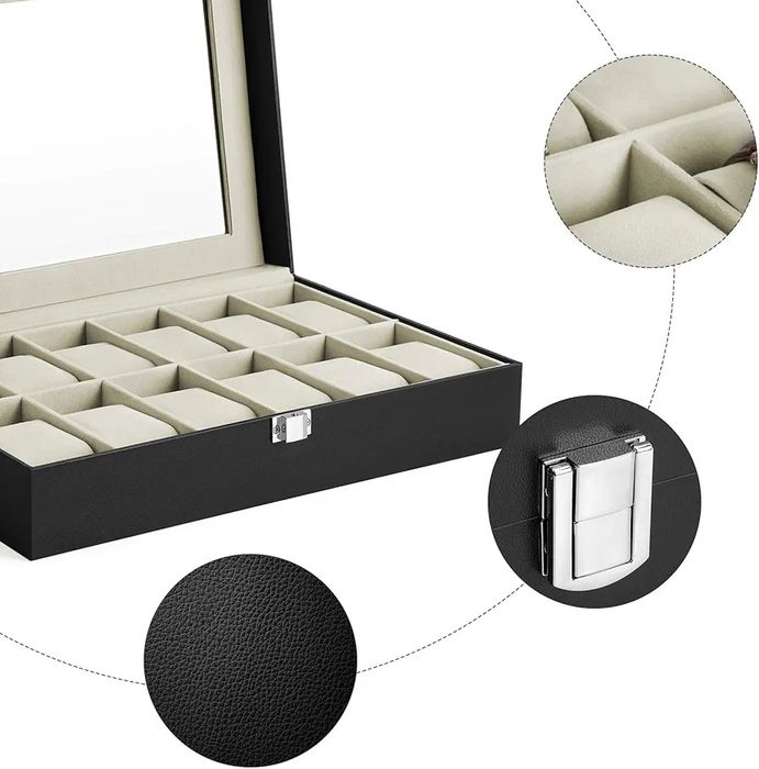 Cutie de ceasuri cu 12 compartimente și capac de sticlă, Negru