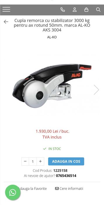 Cupla remorca cu stabilizator 3000 kg pentru ax rotund 50mm. marca AL-Kó AKS 3004