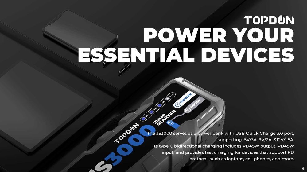 Jump Starter TopDon JS3000, за двигатели до 9L, вградена LED светлина